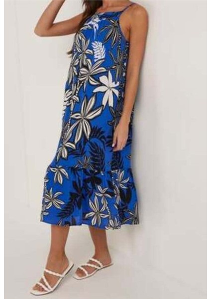 Kadın Yaprak Desenli Askılı Viskon Elbise