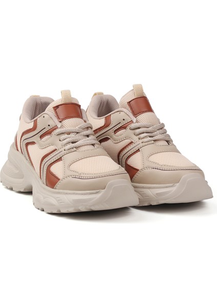 Kadın Bej Kahve Fileli Sneaker Günlük Ortopedik Spor Ayakkabı
