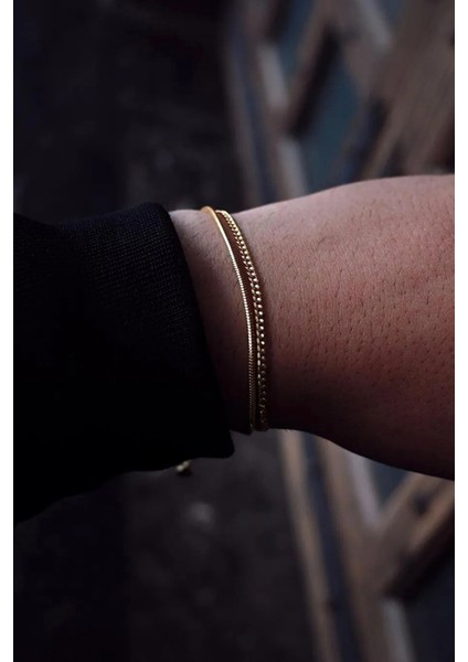 Unisex Kararmaz Ultra Ince Italyan Silindir ve Gurmet Zincir Gold Çelik Bileklik
