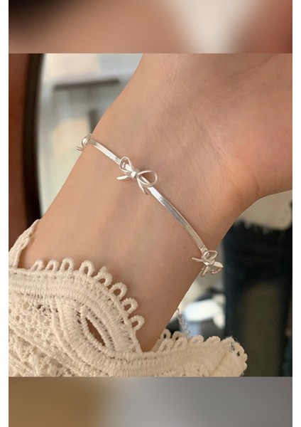 Fiyonk Coquette Ribbon Yassı Italyan Zinciri Gümüş Çelik Bileklik