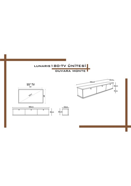 Lunaris Tv Ünitesi - Tv Sehpası 180 cm Duvara Monte %100 Mdf fırsatları