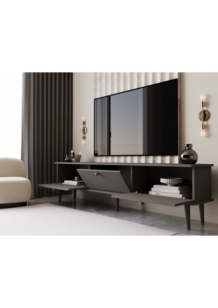 Lunaris Tv Ünitesi - Tv Sehpası 200 cm %100 Mdf Lake Ahşap Ayaklı modelleri