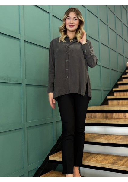 Kadın Yanları Yırtmaçlı Tek Cepli Önden Düğmeli Gömlek modelleri