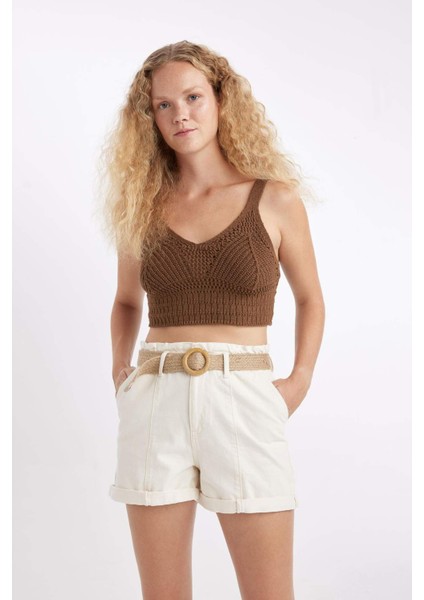 Paperbag Yüksek Bel Katlamalı Paça Jean Şort B8128AX24HS