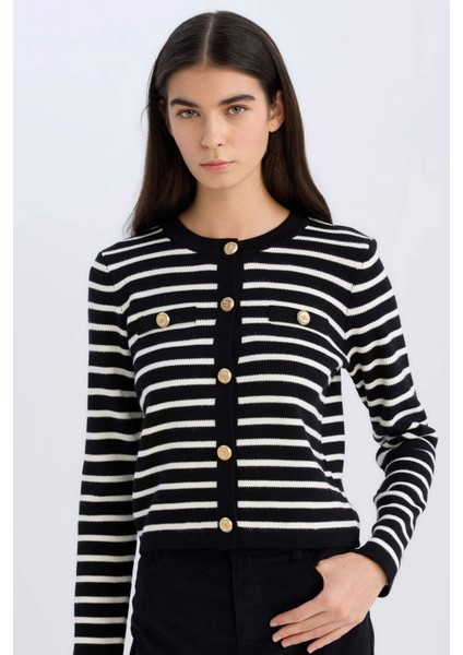 Regular Fit Bisiklet Yaka Çizgili Düğmeli Triko Hırka D3307AX24WN