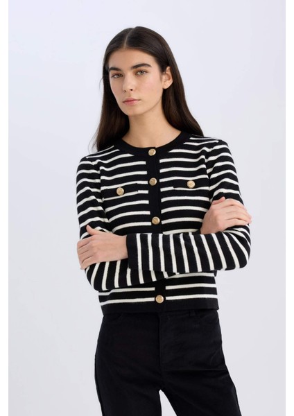 Regular Fit Bisiklet Yaka Çizgili Düğmeli Triko Hırka D3307AX24WN