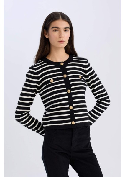 Regular Fit Bisiklet Yaka Çizgili Düğmeli Triko Hırka D3307AX24WN