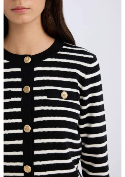 Regular Fit Bisiklet Yaka Çizgili Düğmeli Triko Hırka D3307AX24WN