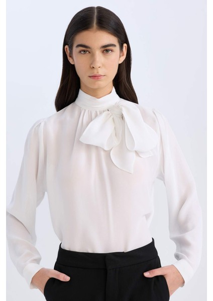 Regular Fit Fiyonk Yaka Basic Düz Saten Uzun Kollu Bluz D3133AX24AU