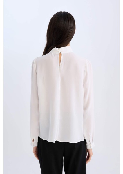 Regular Fit Fiyonk Yaka Basic Düz Saten Uzun Kollu Bluz D3133AX24AU