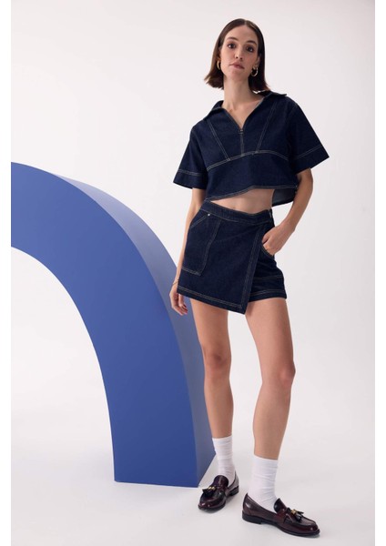 Yüksek Bel Fermuarlı Cepli Jean Şort Etek D3722AX24AU