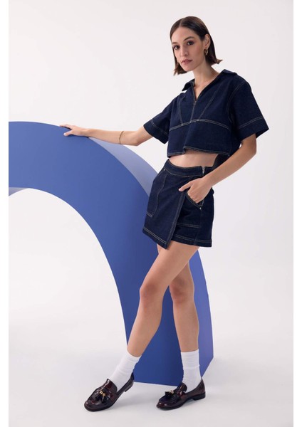 Yüksek Bel Fermuarlı Cepli Jean Şort Etek D3722AX24AU