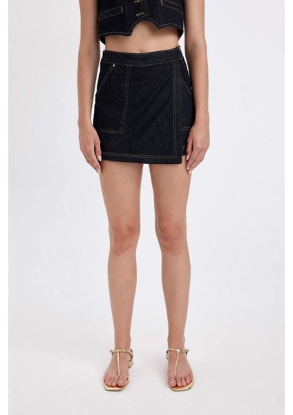 Yüksek Bel Fermuarlı Cepli Jean Şort Etek D3722AX24AU