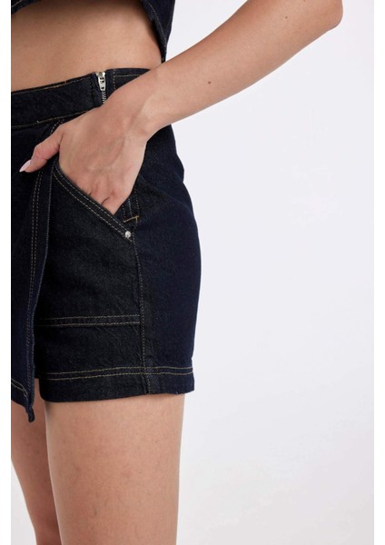 Yüksek Bel Fermuarlı Cepli Jean Şort Etek D3722AX24AU