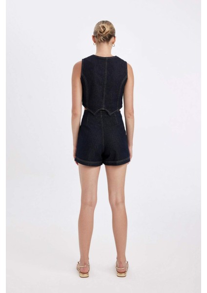 Yüksek Bel Fermuarlı Cepli Jean Şort Etek D3722AX24AU