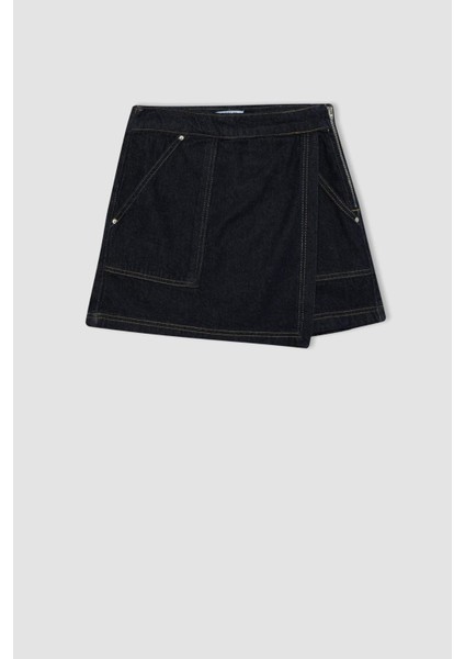 Yüksek Bel Fermuarlı Cepli Jean Şort Etek D3722AX24AU