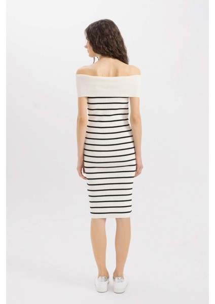 Fitted Çizgili Açık Omuz Triko Midi Elbise D2995AX24SM