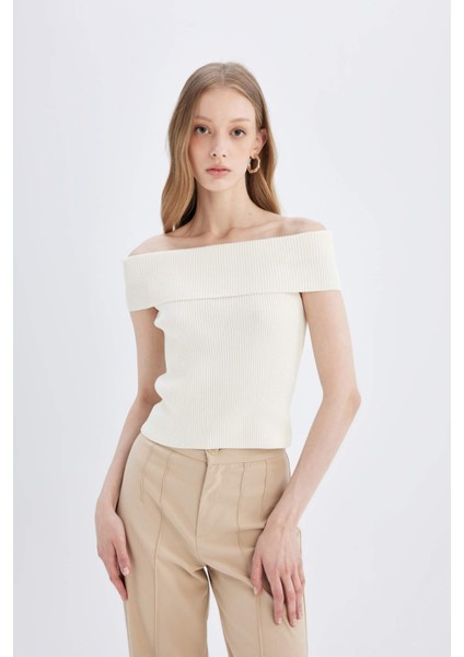 Fitted Açık Omuz Basic Düz Triko Bluz D2997AX24SM