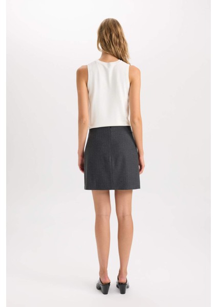 A Kesim Basic Düz Yüksek Bel Kemerli Mini Klasik Etek