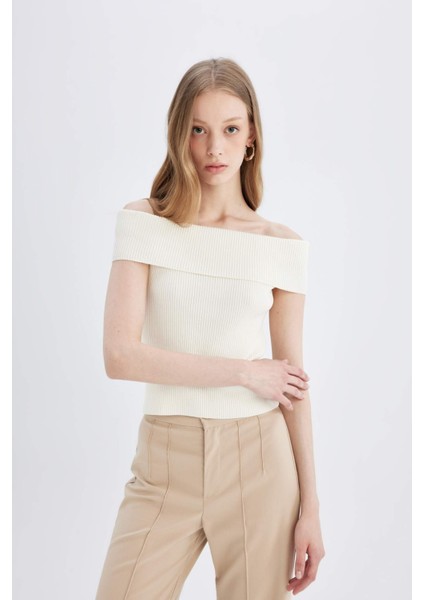 Fitted Açık Omuz Basic Düz Triko Bluz D2997AX24SM