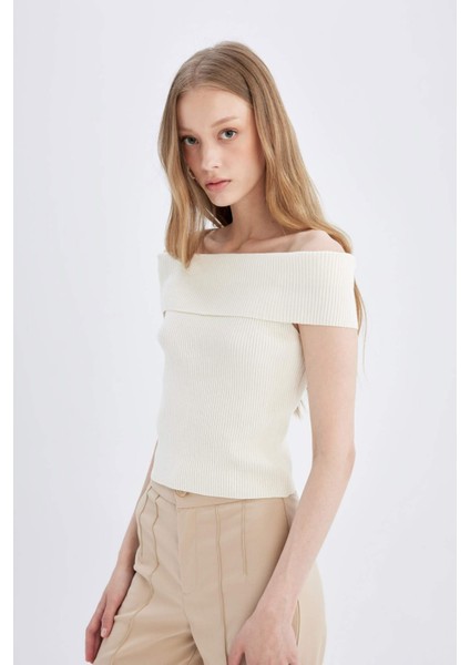 Fitted Açık Omuz Basic Düz Triko Bluz D2997AX24SM