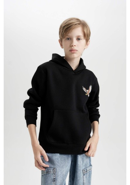 Erkek Çocuk Baskılı Kapüşonlu Siyah Sweatshirt D3032A824WN