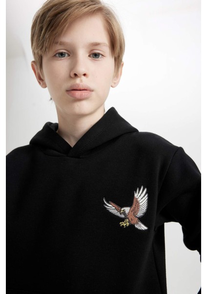 Erkek Çocuk Baskılı Kapüşonlu Siyah Sweatshirt D3032A824WN