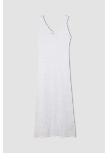 Fitted Kolsuz Beyaz Midi Kroşe Elbise D3325AX24SM