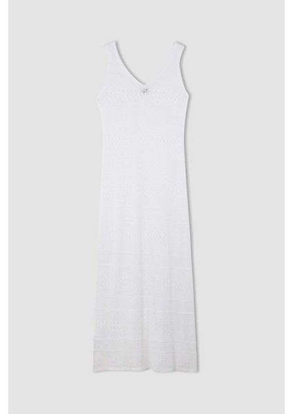 Fitted Kolsuz Beyaz Midi Kroşe Elbise D3325AX24SM