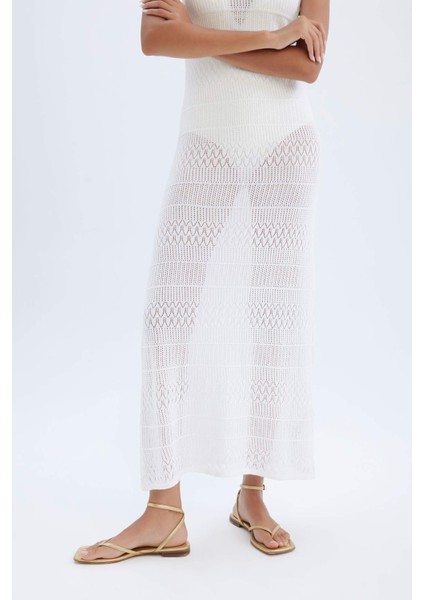 Fitted Kolsuz Beyaz Midi Kroşe Elbise D3325AX24SM