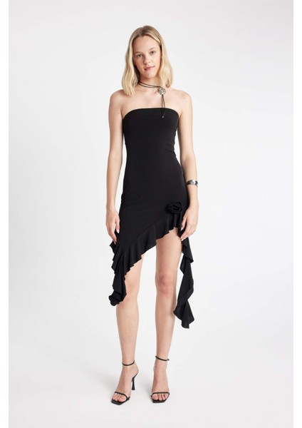 Straplez Asimetrik Mini Abiye Elbise