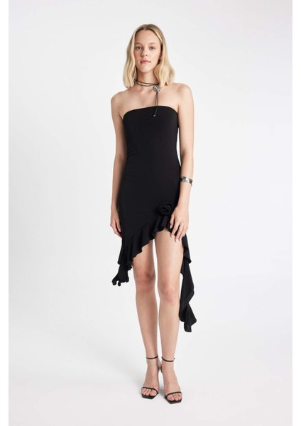 Straplez Asimetrik Mini Abiye Elbise