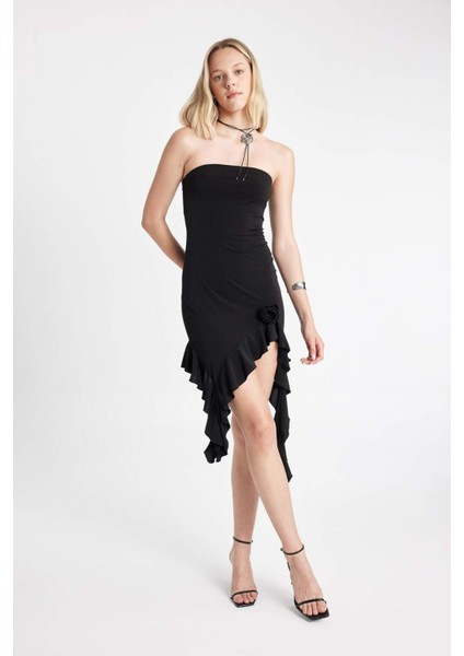 Straplez Asimetrik Mini Abiye Elbise