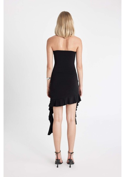 Straplez Asimetrik Mini Abiye Elbise