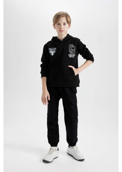 Erkek Çocuk Siyah NBA Chicago Bulls Oversize Geniş Kalıp Kapüşonlu Sırt Baskılı Sweatshirt D3123A824AU