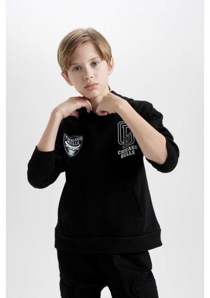Erkek Çocuk Siyah NBA Chicago Bulls Oversize Geniş Kalıp Kapüşonlu Sırt Baskılı Sweatshirt D3123A824AU