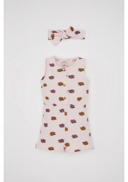 Kız Bebek 2'li Takım Çiçekli Waffle Kolsuz Tulum Saç Bandı D3459A524HS