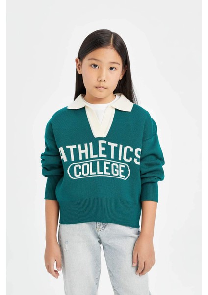 Kız Çocuk Okul Polo Yaka Yazı Baskılı Triko Kazak D3190A824WN