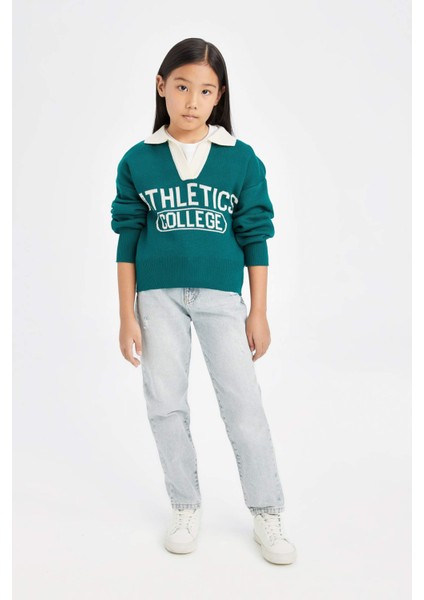 Kız Çocuk Okul Polo Yaka Yazı Baskılı Triko Kazak D3190A824WN