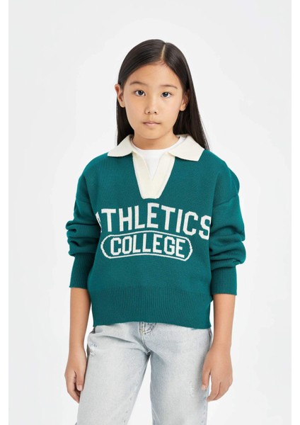 Kız Çocuk Okul Polo Yaka Yazı Baskılı Triko Kazak D3190A824WN