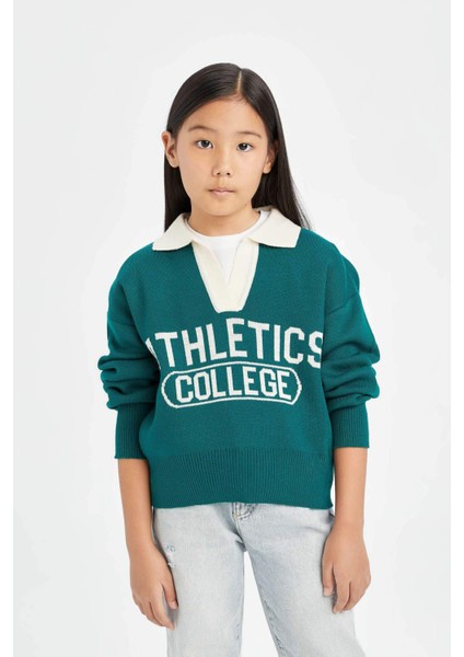 Kız Çocuk Okul Polo Yaka Yazı Baskılı Triko Kazak D3190A824WN