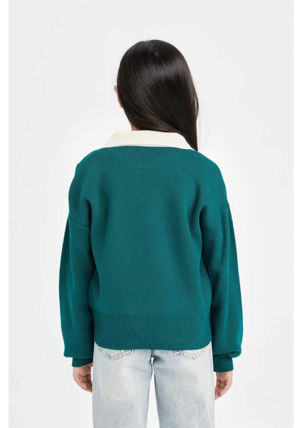 Kız Çocuk Okul Polo Yaka Yazı Baskılı Triko Kazak D3190A824WN