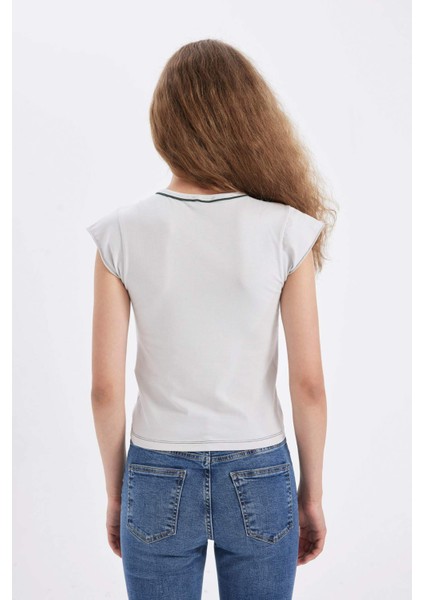 Fitted V Yaka Baskılı Kısa Kollu Tişört D3364AX24SM