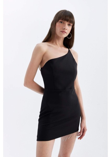 Bodycon Vücudu Saran Tek Omuzlu Kolsuz Mini Abiye Elbise D3272AXNS
