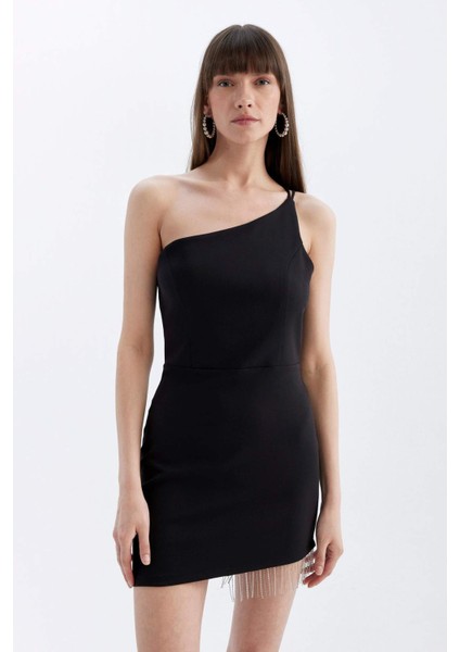 Bodycon Vücudu Saran Tek Omuzlu Kolsuz Mini Abiye Elbise D3272AXNS