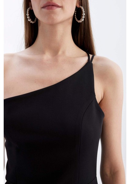 Bodycon Vücudu Saran Tek Omuzlu Kolsuz Mini Abiye Elbise D3272AXNS