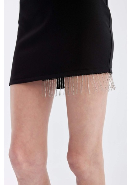 Bodycon Vücudu Saran Tek Omuzlu Kolsuz Mini Abiye Elbise D3272AXNS