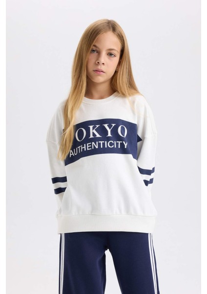 Kız Çocuk Oversize Geniş Kalıp Bisiklet Yaka Baskılı Sweatshirt D3806A824WN