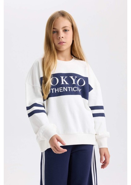 Kız Çocuk Oversize Geniş Kalıp Bisiklet Yaka Baskılı Sweatshirt D3806A824WN