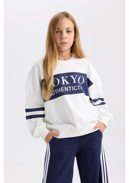 Kız Çocuk Oversize Geniş Kalıp Bisiklet Yaka Baskılı Sweatshirt D3806A824WN